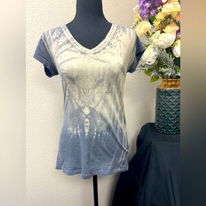 Mudd Cotton Gray/ Cream V-Neck Graphic Tee Silver Stud neckline size Medium